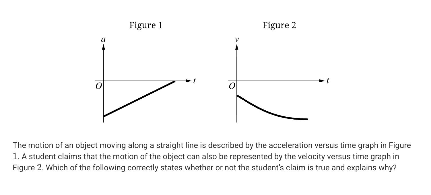 <p>A. <span><span>No, because the object’s speed is increasing, the acceleration should be positive.</span></span></p><p>B. <span><span>No, because the object’s speed is increasing, the acceleration should be increasing in magnitude.</span></span></p><p>C. Y<span><span>es, because the area under the curve of the acceleration versus time graph could represent a negative velocity that would be increasing in magnitude.</span></span></p><p>D. <span><span>Yes, because the slope of the graph of acceleration versus time is constant, so the velocity of the object approaches a constant value.</span></span></p>