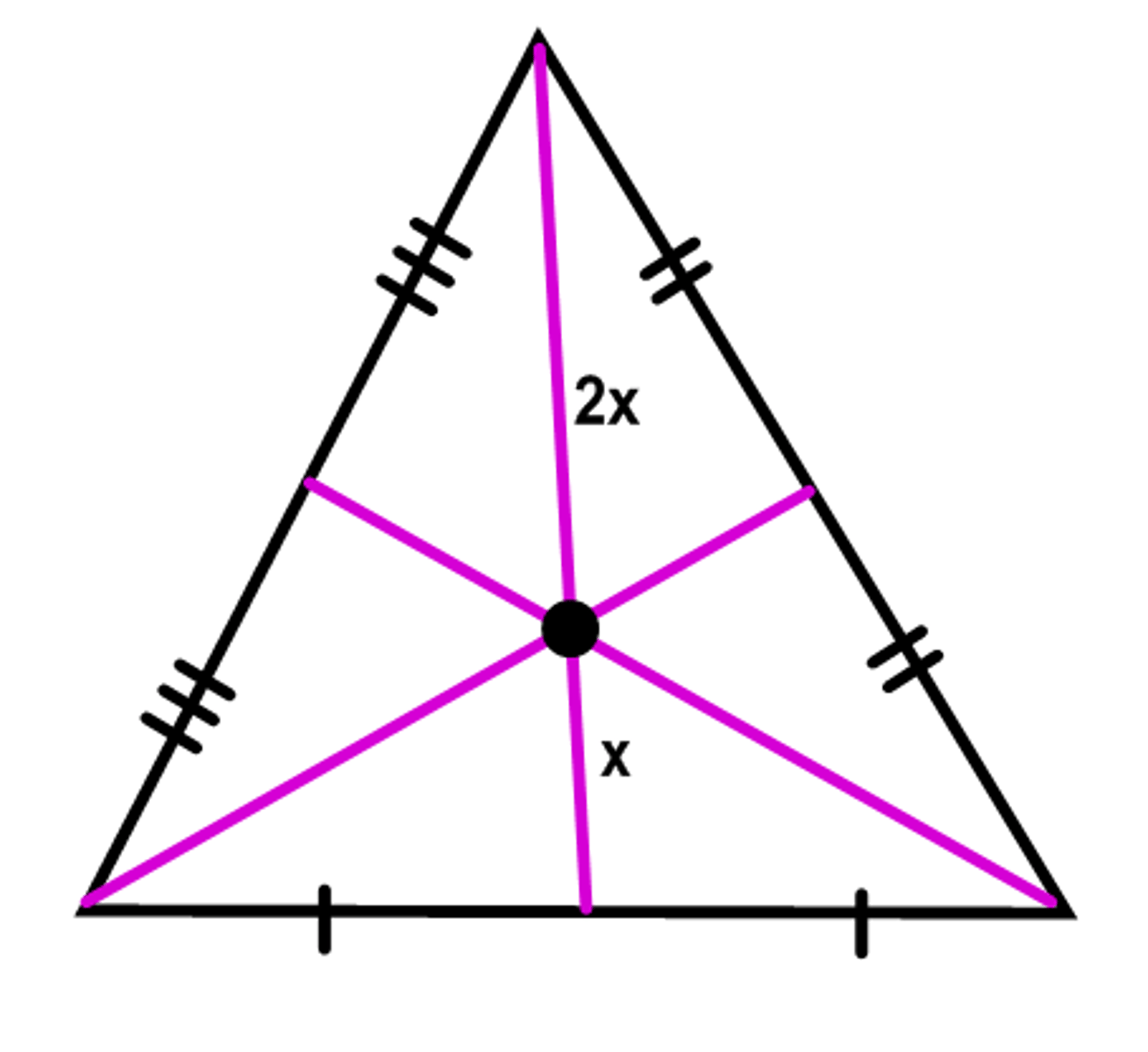 <p>connects vertex to midpoint</p><p>-Each triangle has 3 medians that will intersect in the middle, creating a centroid</p>