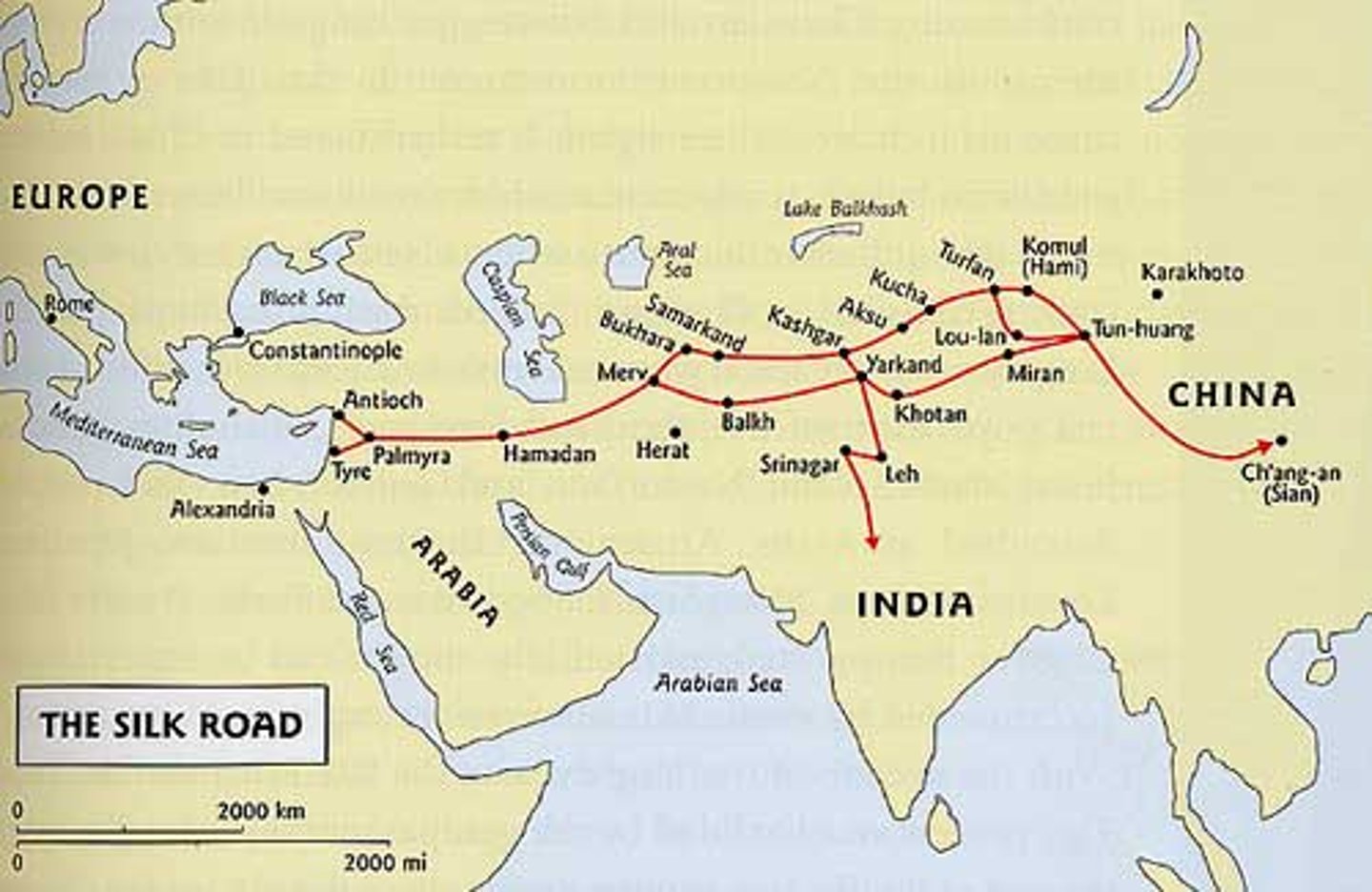 <p>Land based route that connects East Asia to the Mediterranean sea. The east was controlled by the Han (China) and the Roman Empire had control of the Mediterranean (Western side)</p>