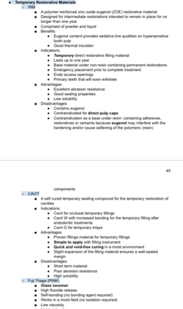 <p>Temporary Restorative materials:</p><p>IRM (Intermediate restorative material) </p><p>CAVIT</p><p>Fuji Triage (PINK)</p><p>Equia Forte Fil</p>