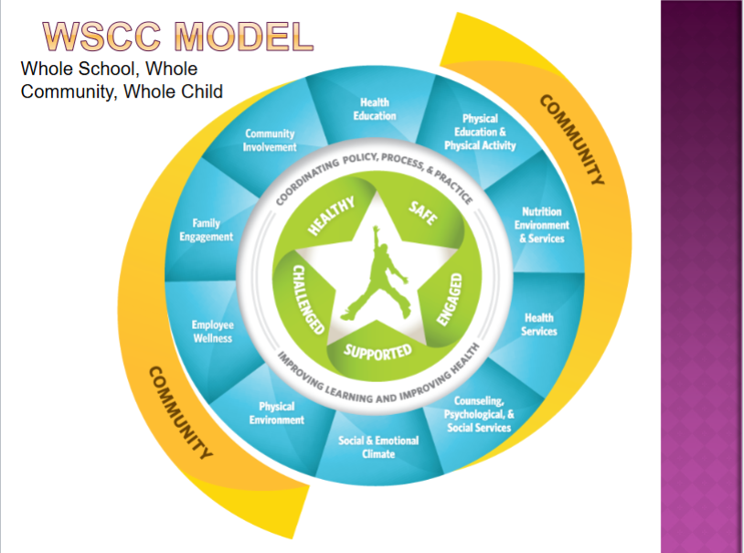 <p>Role</p><ul><li><p>Emphasizes the role of community in supporting the school.</p></li><li><p>Emphasizes the connection between health and academic achievement and the importance of evidence-based school policies and practices.</p></li></ul><p></p><p>Components</p><p>1) Physical Education and Physical Activity</p><p>2) Nutrition Environment and Services</p><p>3) Health Education</p><p>4) Social and Emotional Climate</p><p>5) Physical Environment</p><p>6) Health Services</p><p>7) Counseling, Psychological, and Social Services</p><p>8) Employee Wellness</p><p>9) Community Involvement</p><p>10) Family Engagement</p>