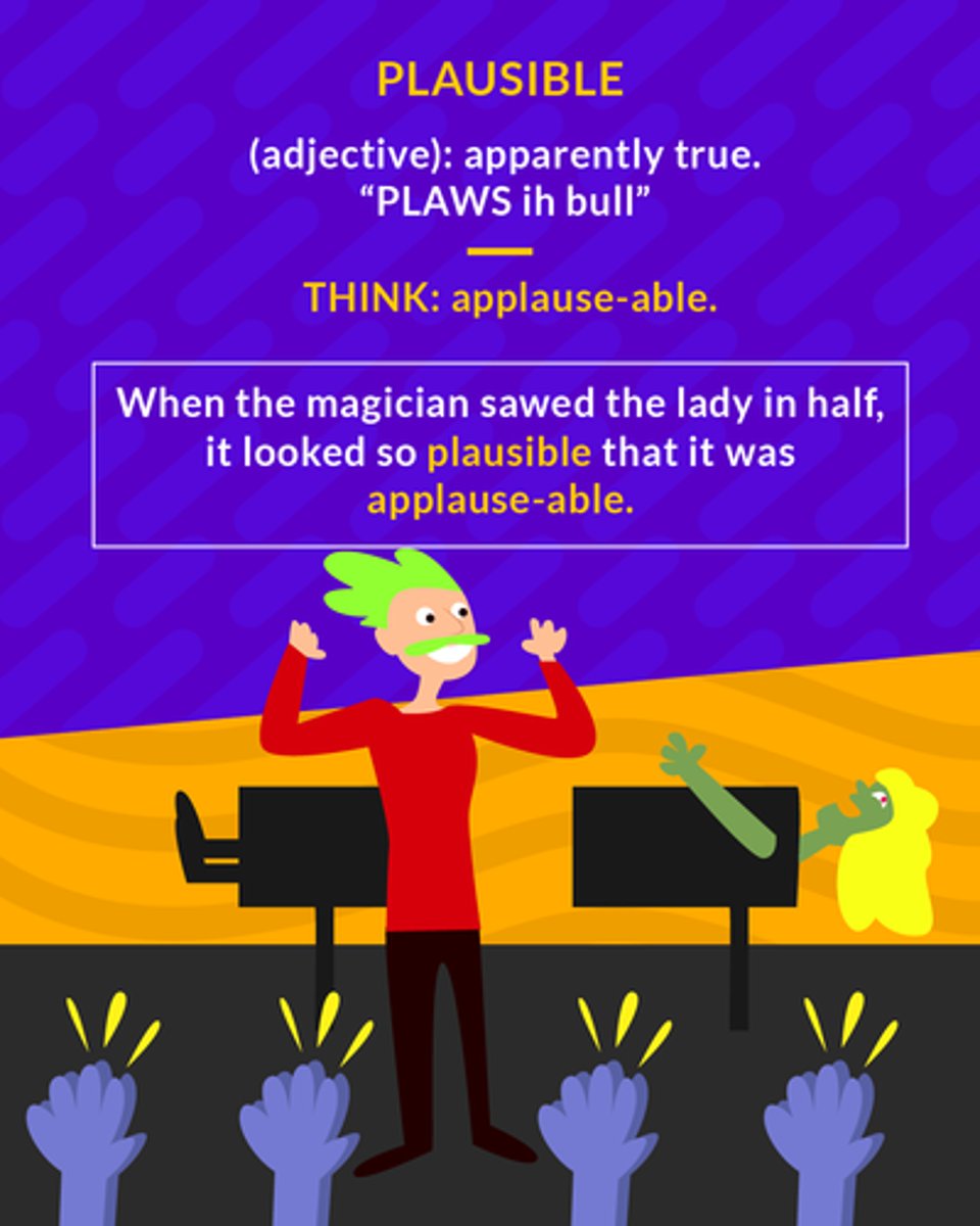 <p>(adj.) appearing true, reasonable, or fair</p>