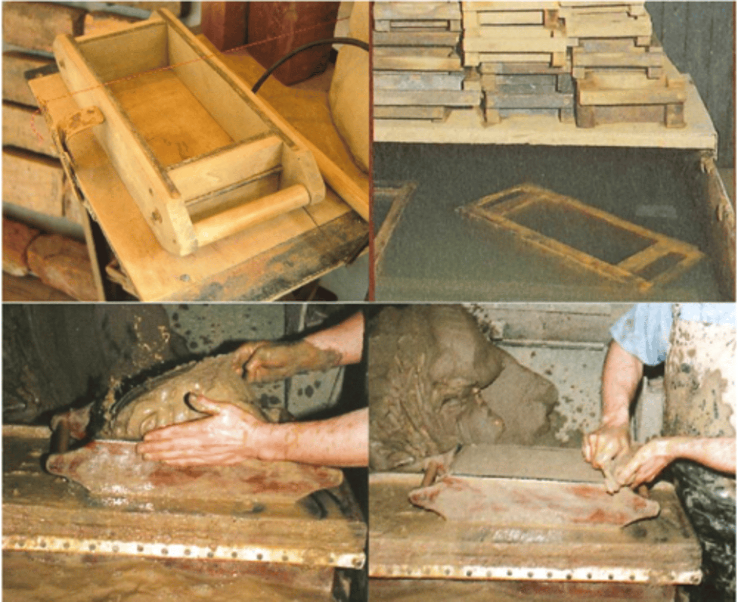 <p>- Tonmasse in Holzform drücken, abziehen</p><p>--&gt; Wasserstrich (Form in Wasser tauchen, verhindert Kleben)</p><p>--&gt; Sandstrich (form in Sand ausschlagen, verhindert ankleben, weniger schrarfe Kanten, ton weniger nass, trocknet schneller)</p>