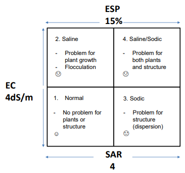 <p>ESP &gt; 15% - plants suffer osmotic stress, soil begins to deflocculate (dispersion)</p>