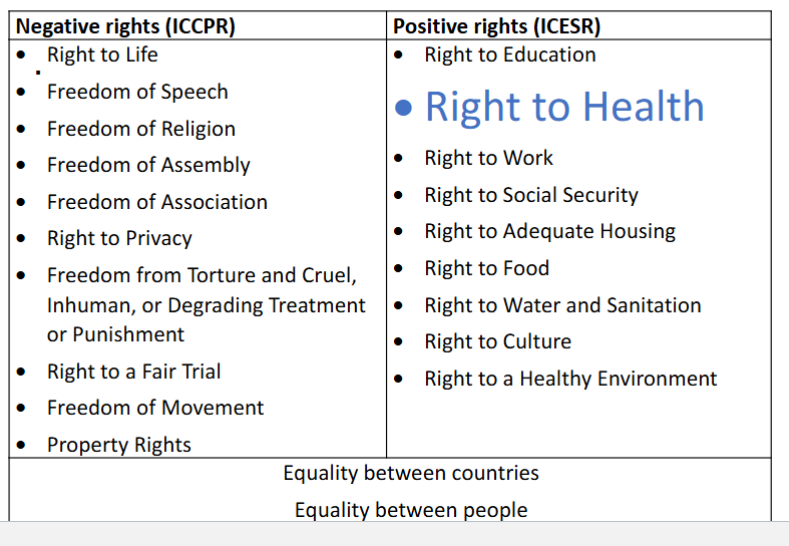 <ul><li><p>negative rights → governments should not harm your rights (of speech/assembly)&nbsp;</p></li><li><p>positive rights →&nbsp;</p></li></ul><p></p>