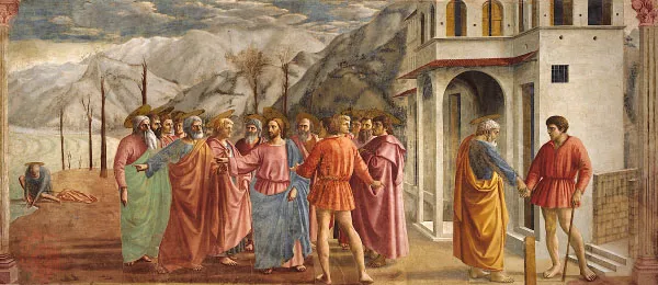 <p>Masaccio, <em>The Tribute Money</em>, Brancacci Chapel, Florence, ca. 1424-1427. Fresco.</p>