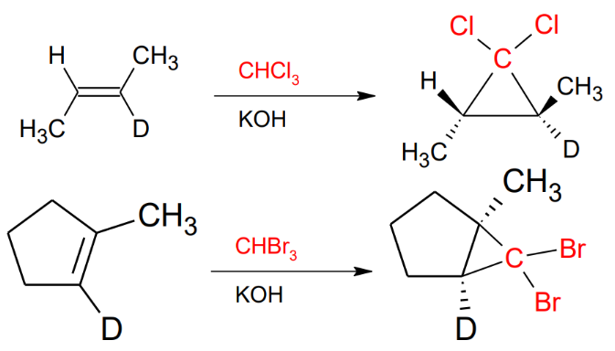 <p>In order do form a diXcarbene you need to take the electrons of the double bond and connect them with  the C that needs electrons that is already connected to 2 X.</p><p></p><p>KOH as a solvent, CHX3</p>