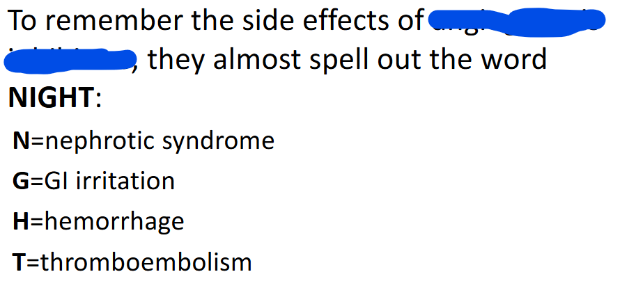 <p>adverse effects of __ __:<span><br>– </span><u><span>Nephrotic syndrome</span></u><span><br>– </span><u><span>GI Perforation</span></u><span>: stop drug and never use again<br>– </span><u><span>Hemorrhage</span></u><span>: brain, lung, GI, vaginal<br>– </span><u><span>Thromboembolism</span></u><span>: stop drug and never use again</span></p>