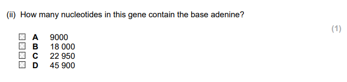<p>A human gene is 27 000 base pairs long. In this section of double-stranded DNA there are 4050 nucleotides containing the base cytosine.</p>