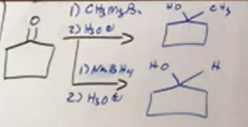 <p>Again, keep ring the same just replace O with alcohol and R or H. Remember for carbonyls, ketones, and aldehydes, al need the H3O+ make up step as step 2 usually under arrow. Only hydrogenation doesn’t have that.</p>