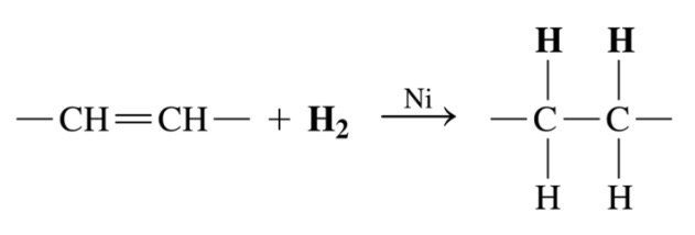 \-Double bonds in unstaruated fatty acids react with hydrogen gas to produce c-c bond 