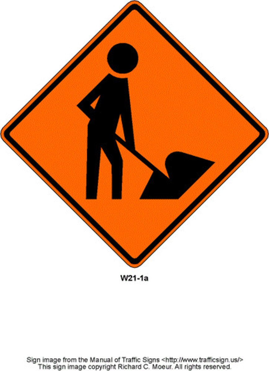 <p>This sign means:</p><p>Yield the right-of-way.</p><p>Watch for people working on or near the roadway.</p><p>Expect a traffic signal ahead.</p><p>Warning, road ends.</p>