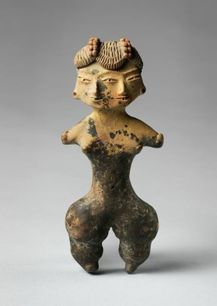 <p>Form:<br>-ceramic<br>Content:<br>- pinched waist and big hips with two-heads<br>- no hands or feet<br>-naked except for jewelry<br>Function:<br>- show fertility<br>-two heads represent life and death that happens everyday<br>Context:<br>- Central Mexico in 1200-900 BCE<br>-many of the other figures show deformities like this</p>