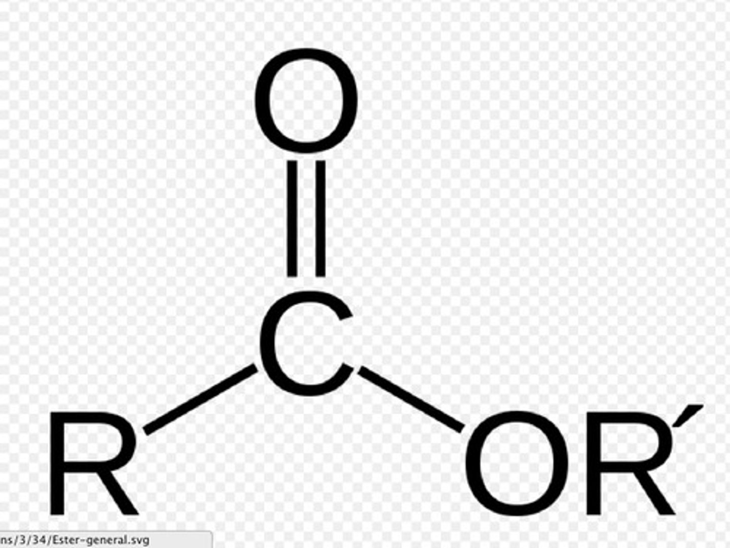 <p>derivative of a carboxylic acid in which the carboxyl hydrogen is replaced by a carbon group (ex: ethyl-acetate); RCOOR', suffix-alkyl alkanoate</p>