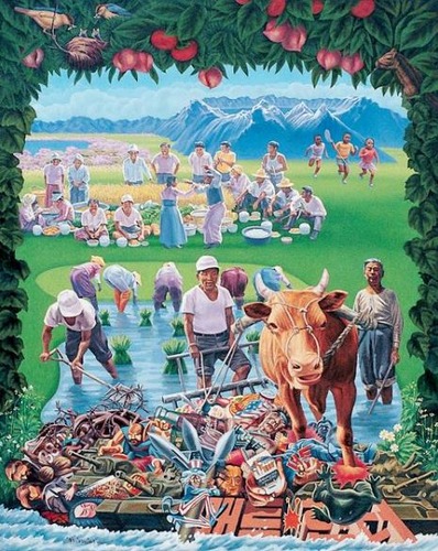 <p>The emphasis on Korean history and culture</p><p>Idyllic scene of villages with Mt. Paekdu Famers plant rice as if to signal a fertile Korea Farming----nostalgia and nationalistic pride</p><p>Foreground: a cow pulling a plough is trampling over American consumer goods</p><p>The work was regarded as praise for North Korea and confiscated and he was imprisoned for violation of the current National Security Law in 1989.</p>