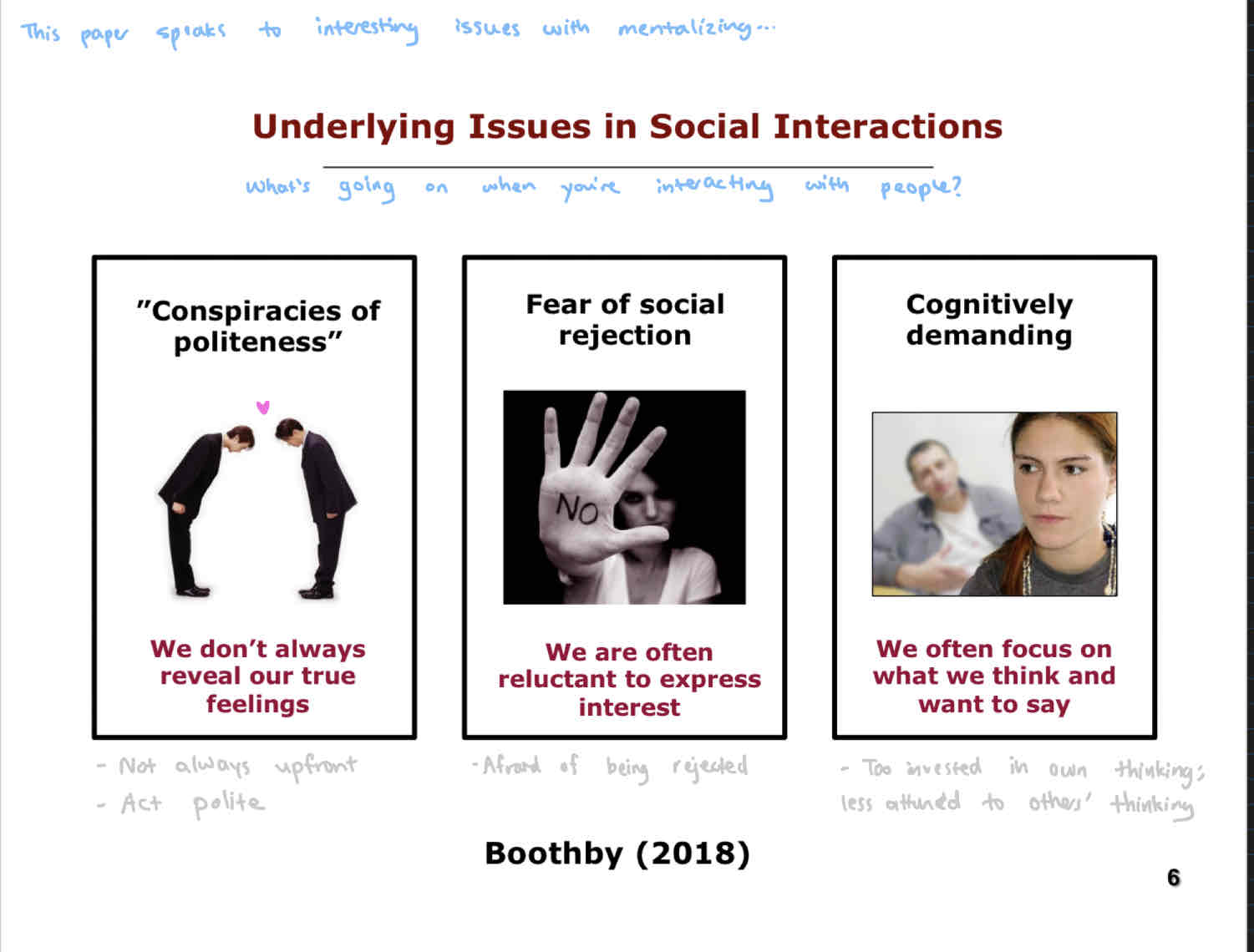 <ul><li><p>Conspiracies of “politeness”</p><ul><li><p>We don’t always</p></li></ul></li><li><p>Fear of social rejection</p><ul><li><p>We are often reluctant to express interest </p></li></ul></li><li><p>Cognitively demanding</p><ul><li><p>We often focus on what we think and want to say</p></li></ul></li></ul>