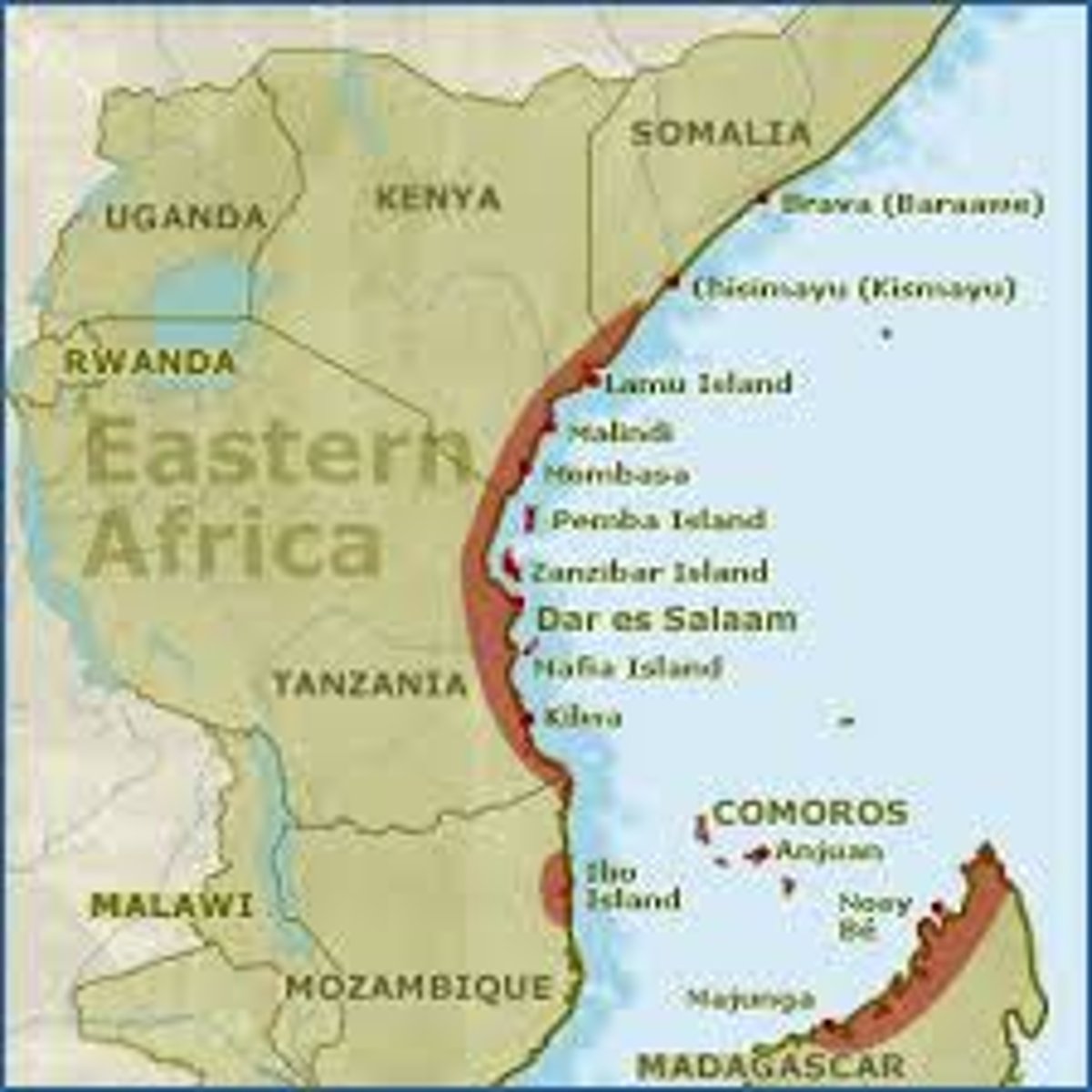 <p>Trade centers on East African coast (Zanj) where goods such as gold, ivory, slaves, tortoise shells, peacock feathers and rhinoceros horns were traded for Chinese porcelain, Indian cotton and Iron.</p>