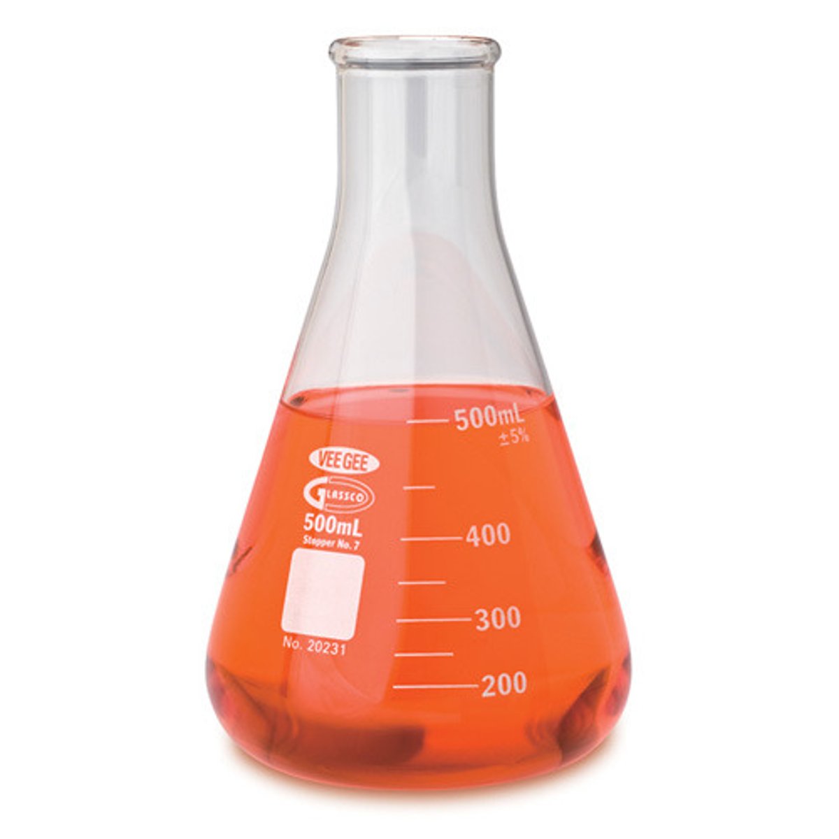 <p>A conical, flat-bottomed laboratory flask with a narrow neck used for holding or mixing liquids; some have graduations indicating APPROXIMATE volume of contents</p>