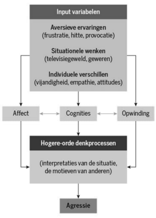 <p>Theorie die stelt dat het geheugen een associatief netwerk is van concepten, die wordt ‘opgeladen’ door affect, onaangename ervaringen of gedachten. Opladen leidt tot automatische reactie (= agressie), hoe het individu reageert echter wordt bepaald door de hogere cognitieve controle</p>