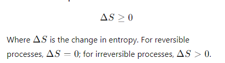 <ul><li><p>The total entropy of an isolated system can never decrease over time. </p></li></ul><p></p><ul><li><p>In any energy exchange, if no energy is added to or removed from the system, the system will tend toward a state of maximum entropy.</p></li></ul><p></p>