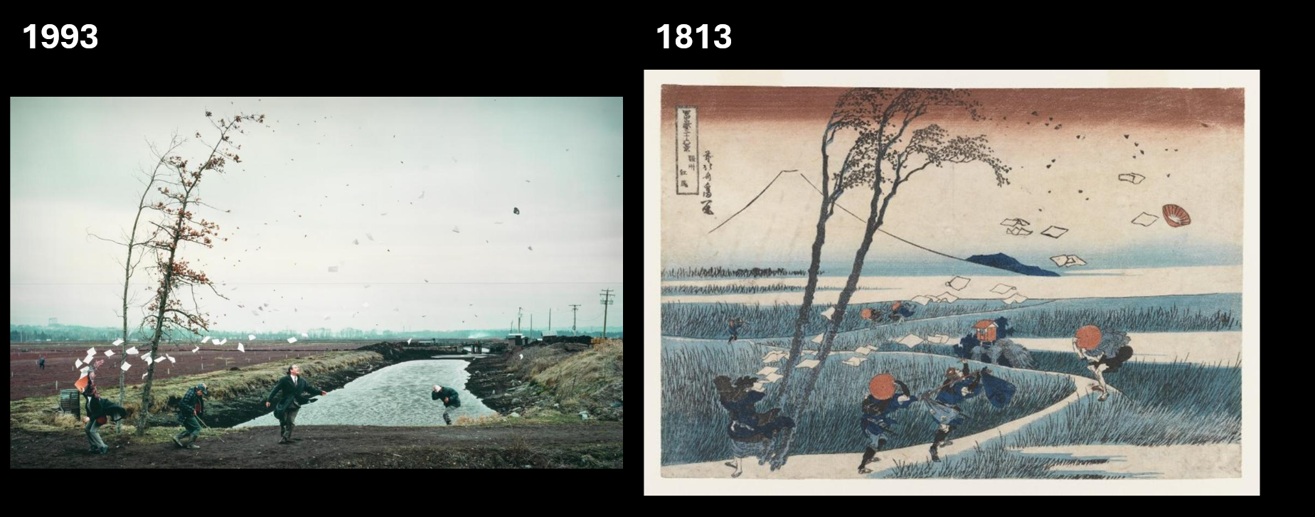 <ul><li><p>recreates paintings (A Sudden Gust of Wind after Hokusai 1993)</p></li><li><p>only appears random/coincidental, but really controlled and staged</p></li><li><p>loss of authenticity </p></li><li><p>men waiting; paying day workers to pose as day workers</p></li></ul><p></p>