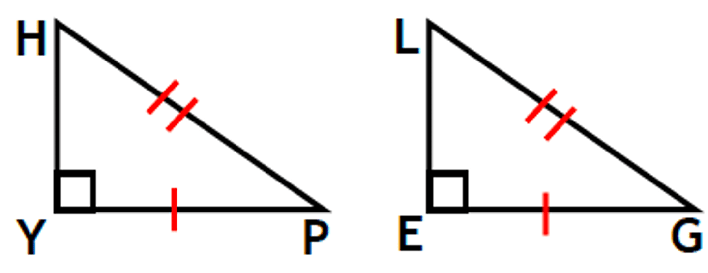 <p>If the hypotenuse and a leg of one right triangle are congruent to the hypotenuse and a leg of another right triangle,<br>then the triangles are congruent.<br><br><b>Given</b>: ΔHYP is a right Δ, ΔLEG is a right Δ, 𝑌𝑃 ≅ 𝐸𝐺,𝐻𝑃 ≅ 𝐿𝐺<br><b>Prove</b>: ΔHYP ≅ ΔLEG</p>