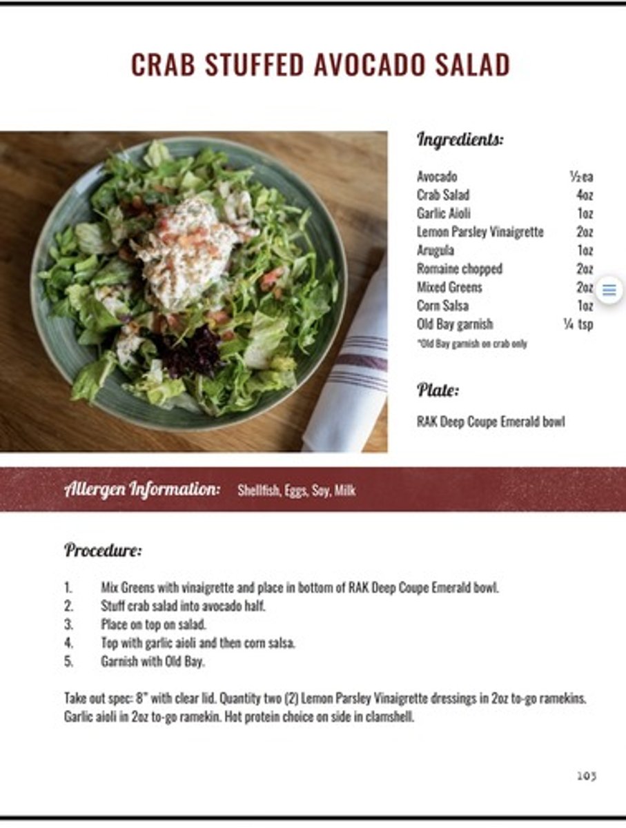 <p>crab salad/mixed greens/avocado/corn salsa/garlic aioli/Old Bay/lemon parsley vinaigrette 21.95</p>