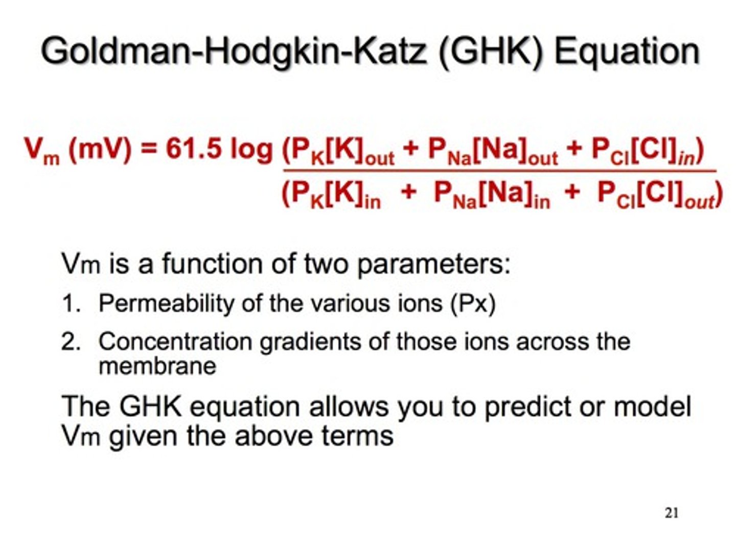 <p>A formula that calculates the membrane potential by considering multiple ions (not just one like Nernst does).</p>