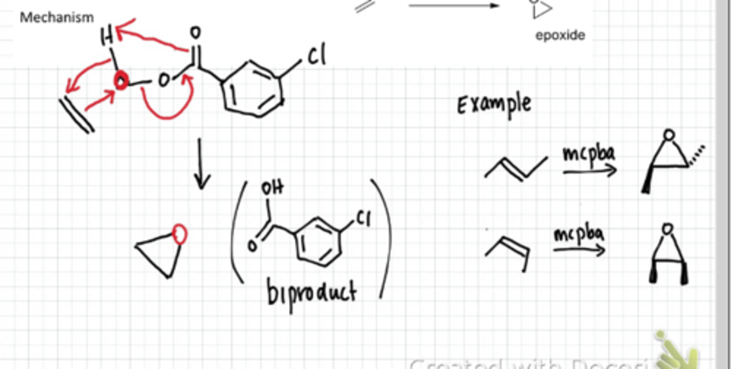 <p>REAGENTS: mcpba or RCO3H</p><p>-creates an epoxide</p>
