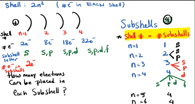 <p>Shells = The arrangement of electrons around a nucleus, numbered 1, 2, 3, 4 and so on; Each level contains <strong>different sublevels</strong>, increasing in complexity as you go higher.</p><ul><li><p><strong>Level 1</strong> → Only <strong>s sublevel</strong> (2 electrons)</p></li><li><p><strong>Level 2</strong> → <strong>s and p sublevels</strong> (8 electrons)</p></li><li><p><strong>Level 3</strong> → <strong>s, p, and d sublevels</strong> (18 electrons)</p></li><li><p><strong>Level 4 and beyond</strong> → <strong>s, p, d, and f sublevels</strong> (32 electrons at max)<br><br>Subshells (or Sublevels) = Groups of orbitals that make up shells; can either be s, p, d or f; The four main orbitals are:</p></li></ul><ul><li><p><strong>s</strong> (1 orbital, holds <strong>2 electrons</strong>) → Spherical shape</p></li></ul><ul><li><p><strong>p</strong> (3 orbitals, holds <strong>6 electrons</strong>) → Dumbbell shape</p></li><li><p><strong>d</strong> (5 orbitals, holds <strong>10 electrons</strong>) → More complex shapes</p></li><li><p><strong>f</strong> (7 orbitals, holds <strong>14 electrons</strong>) → Very complex shapes<br></p></li></ul><p>Orbitals = clouds of electrons</p>