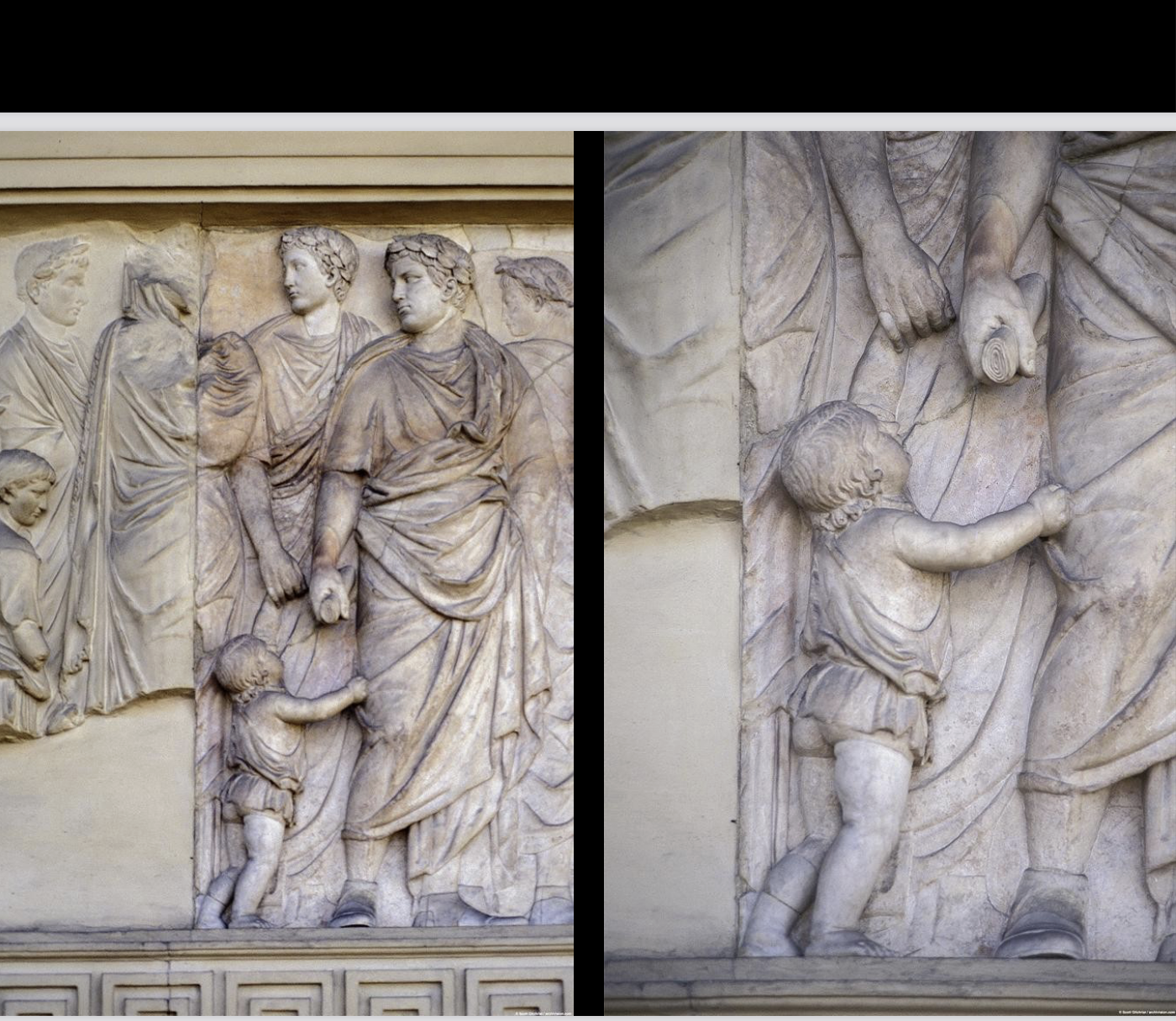 <p>How do the Ara Pacis and its friezes represent the political and cultural context of the early Roman Empire? Why include barbarian children? </p>