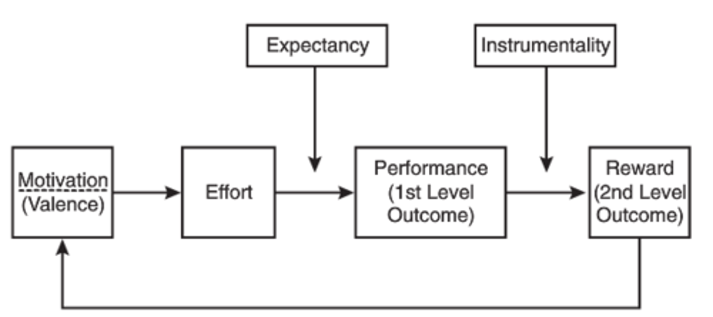 <p>1) Valence - Strength for a certain outcome</p><p>2) Instrumentality - Perception that performance is related to the desired outcome</p><p>3) Expectancy - Perception that effort will positively influence performance</p>