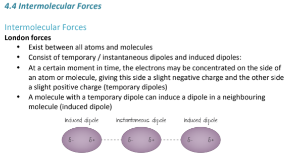 <p>London dispersion forces are THE WEAKEST form of IMFs found <strong><u>between</u></strong> all atoms and molecules (made up of a single type of atom). </p><p>They are formed because of temporary shifts in the concentration of electrons on one side of an atom or molecule, which gives it a slight negative charge and the other side a slightly more positive charge; (a temporary dipole)</p><p>A molecule with a temporary dipole can induce a dipole in a neighboring molecule</p>