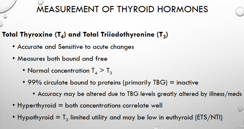 <p>proteins: if affected like stress,illness,medications will affect the thyroglobulin protein level. tbg</p><p>hyper: tsh low, t4 and t3 high</p><p>hypo: tsh high t4 low t3 normal</p>