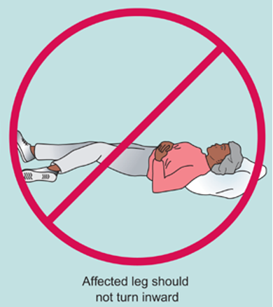 <p>sometimes, hip should not bend more than 90 degrees (leaning forward is a nono) - hip should be higher than knee </p><p>affected leg should not turn inward </p>
