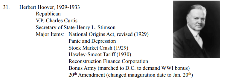 <p>ROARING TWENTIES: 1920-1929</p><ul><li><p>Great Depression (1929-1941): Hoover's presidency was overshadowed by the worst economic downturn in American history, marked by widespread unemployment and poverty.<br></p></li></ul>