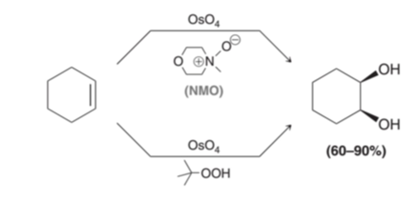 <p>Co-Oxidants serve to regenerate OsO4 as it is consumed during the reaction so that OsO4 functions as a catalyst and even small quantities can produce large quantities of diol. Typical co-oxidants include N-methylmorpholine N-Oxide(<b>NMO</b>) and tert-butyl hydroperoxide</p>