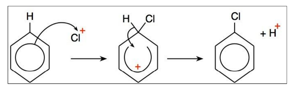 <ul><li><p>A halide ion with a +1 charge acts as an electrophile, attacking the electron ring.</p></li></ul><p></p><p></p><ul><li><p>A <mark data-color="yellow" style="background-color: yellow; color: inherit">halogen carrier catalyst</mark> is used to generate the positively charged halide ion.</p></li></ul><p></p><p></p><p></p>