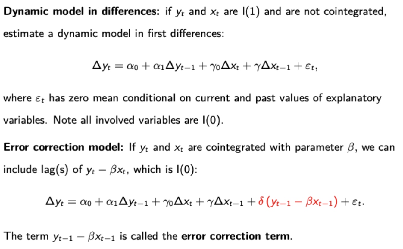 <p>Different models for short run dynamics. Note that the inclusion of the Error Correction term (which is warranted when the variables are cointegrated because both sides of the equation would still be stationary) allows for a better capture of how short run deviations revert back to long run EQ.</p>