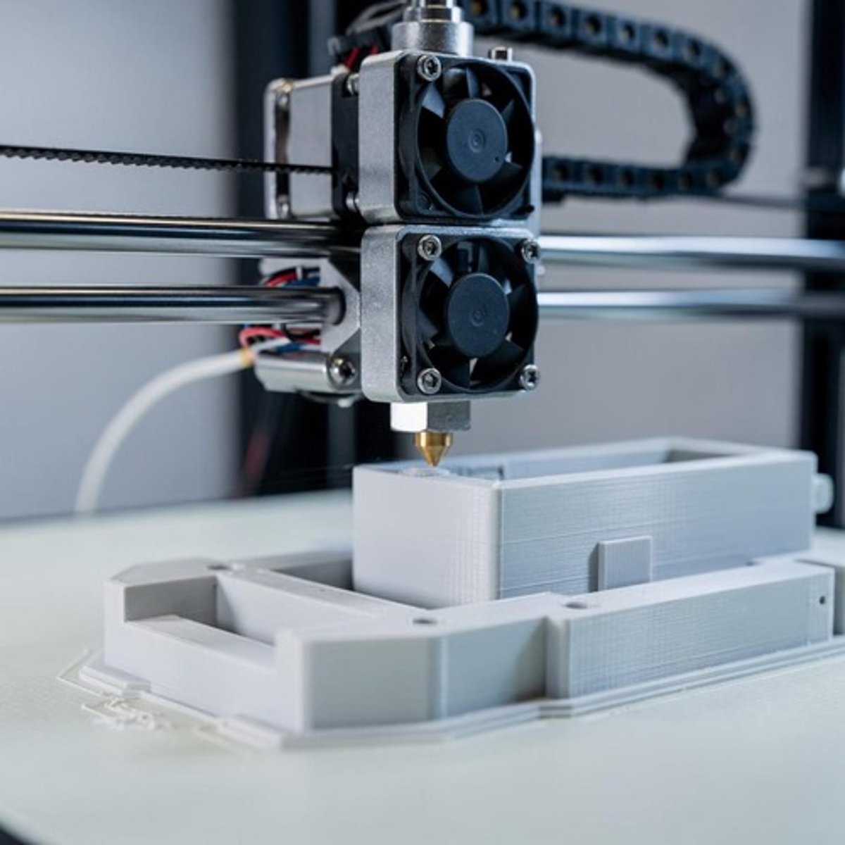<p>A thermoplastic filament is heated to its melting point and extruded layer by layer through a nozzle to build up the final object.</p>