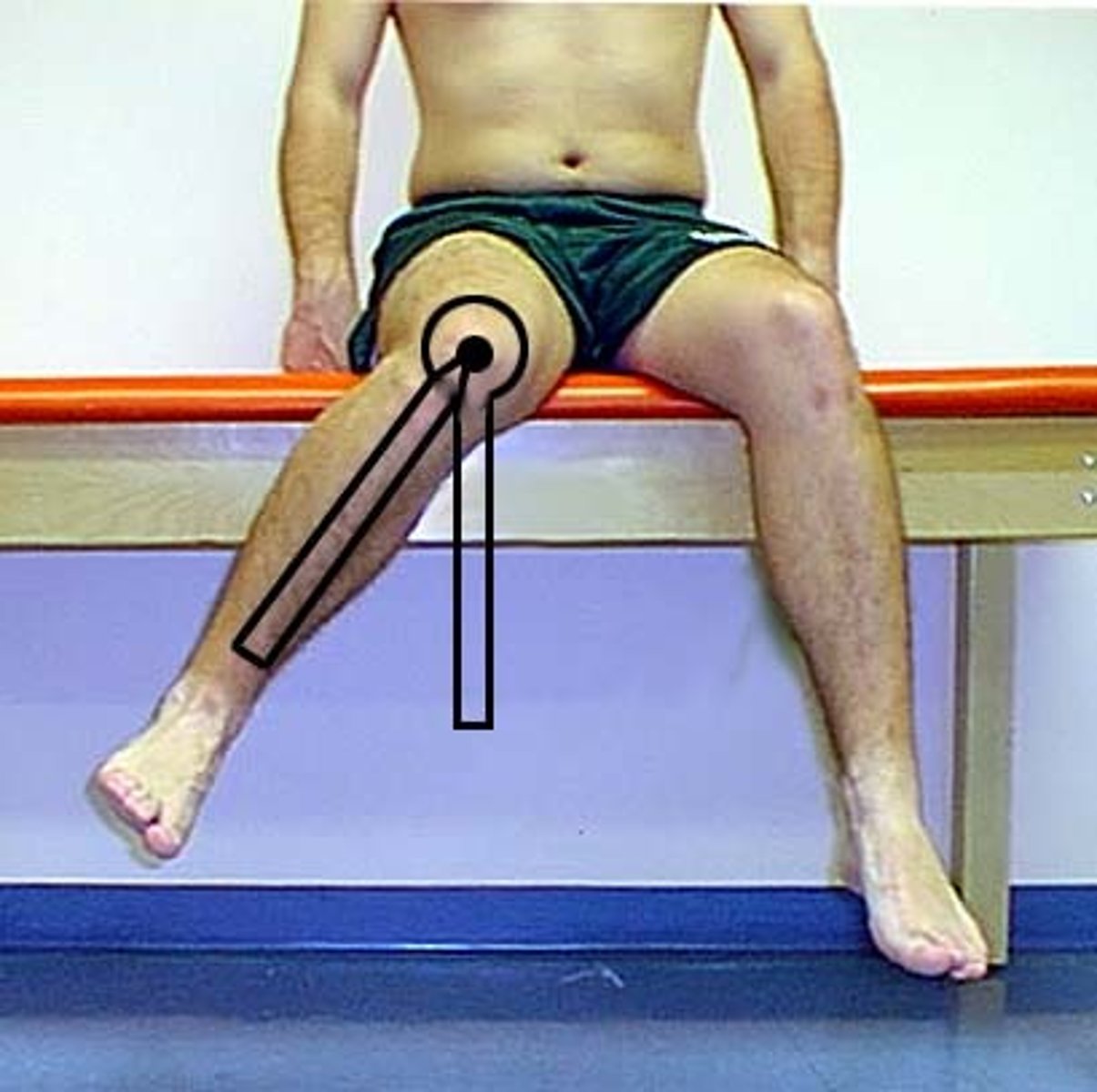 <p>fulcrum: anterior surface of patella<br>proximal: perpendicular to floor<br>distal: anterior midline of shank<br><br>* SITTING ON EDGE TABLE<br>* USE TOWEL UNDER LEG<br><br>normal = 45</p>