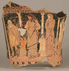 <p>How can we tell that this vase depicts a play, and not the myth itself?</p>