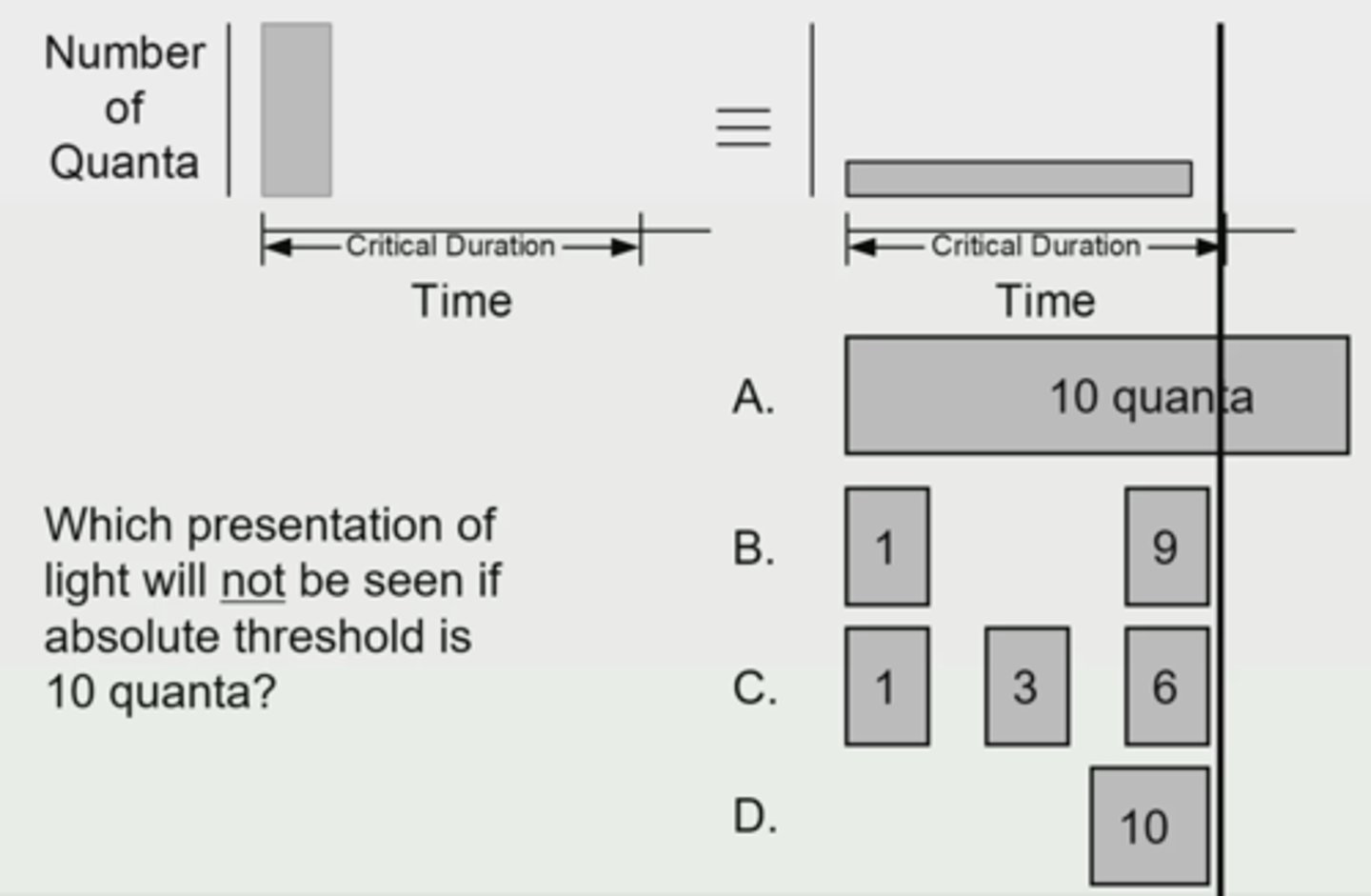 <p>Which presentation of light will not be seen if the absolute threshold is 10 quanta?</p>