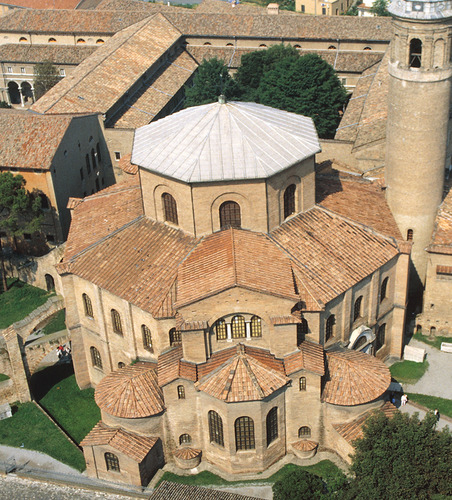 <p>Roman example as taken over by christians (Syncretism). Centrally Planned.it is a martyreum. San Vitale is buried in foundation. Rotunda/nave is capperd by dome,  derives from masoleum tombs of roman emperors (MAGNIFICENCE!!). dome=heaven, walk around in the ambularoty. 8 sides (octogon is symbol of resurrection.)</p>
