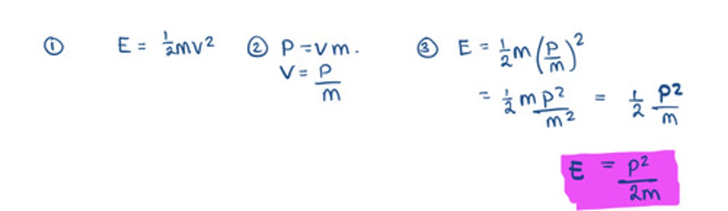 <p>- so E= p^2/2m</p><p>- so p= (2mE)^0.5</p><p>- so λ= h/(2mE)^0.5</p>