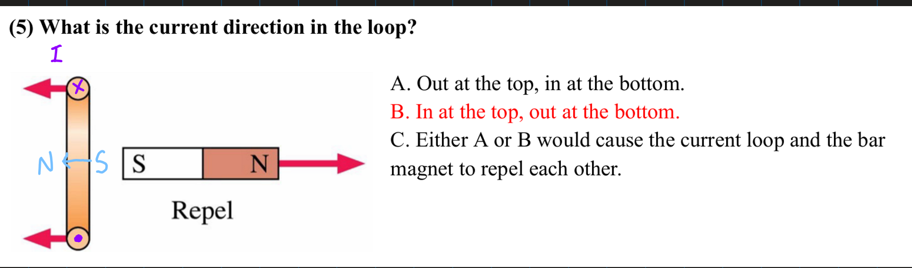 <p></p><p>B. In at the top, out at the bottom</p><p></p><p>Like poles repel. The loop’s S pole is to the right of the loop and its N pole is to the left of the loop. The magnetic field points from the S pole to the N pole (within a magnet).</p><p>Use curl finger rhr to determine the direction of the circular current. The current is ccw coming out of the top and into the bottom.</p>