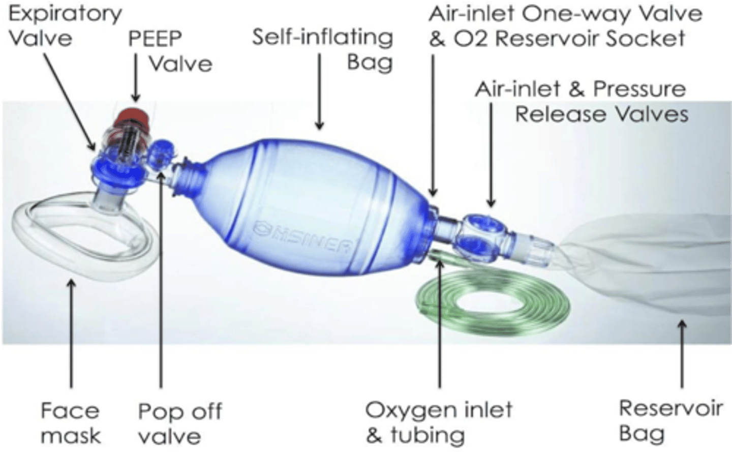 <p>- (Ambu bag) hand-held device commonly used to provide positive pressure ventilation to patients who are not breathing or not breathing adequately</p><p>- 30:2 compression:ventillation ratio</p>