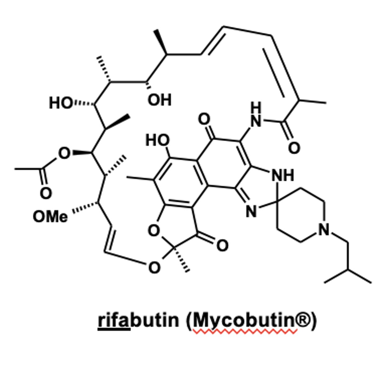 <p>- <strong><span style="text-decoration:underline">rifa</span>mpin</strong></p><p>- <strong><span style="text-decoration:underline">rifa</span>butin</strong></p><p>- <strong><span style="text-decoration:underline">rifa</span>pentine</strong> </p><p>rifampin has the most issues here </p>