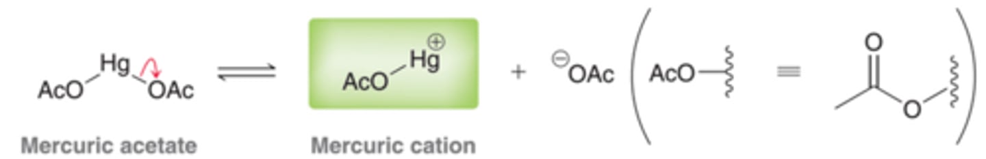 <p>To understand the Oxymercuration-Demercuration process, we must explore the reagents employed. The process begins when mercuric acetate, Hg(OAc)2, dissociated to form a mercuric cation, as shown in this image.</p>