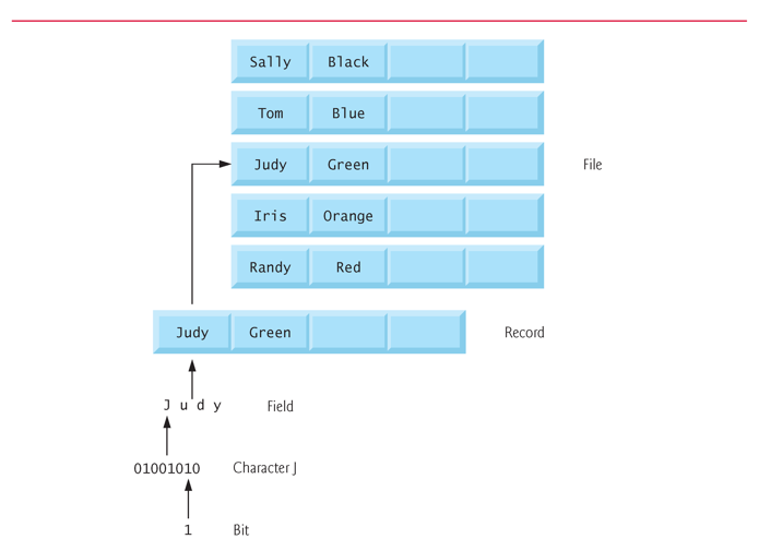 <p>File</p><p>Record</p><p>Field</p><p>Character/Byte</p><p>Bit</p><p></p>